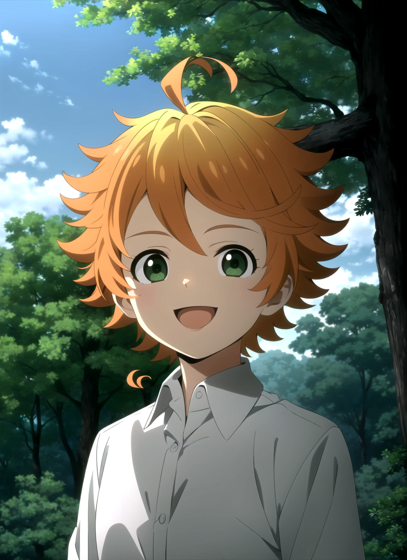 3978531222-3310753067-promisedNeverland , masterpiece, best quality, 1girl, shirt, green eyes, solo, forest, white shirt, number tattoo, nature, short.png